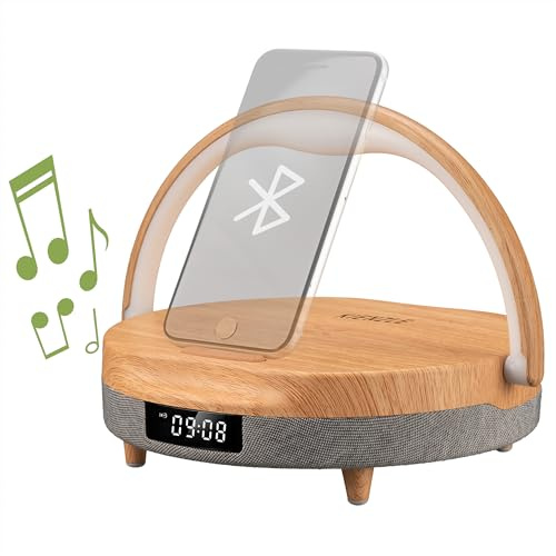 Kienzle LED Wecker mit Bluetooth 5.0 Lautsprecher und 10 W Ladepad | Holzoptik, zwei Weckzeiten, Ambiente Licht mit drei Helligkeitsstufen, Touchbedienung, Smartphone Halterung