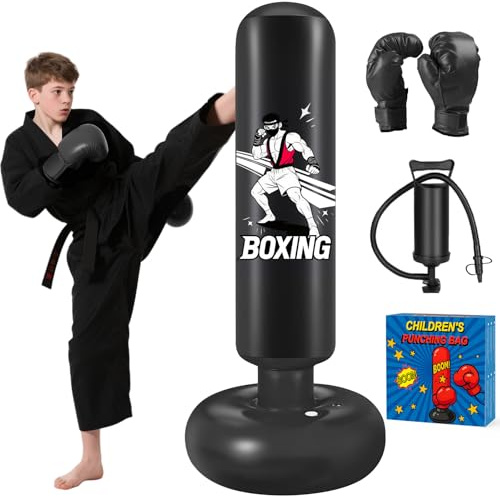 Qoosea Sacco da Boxe per Bambini, 168 cm Stabile Pungiball Bambini Gonfiabile con Guantoni da Boxe, per Pratica di Taekwondo Karate MMA, Sacchi da Boxe Gonfiabile per 3-14 Ragazzi Ragazze-Nero