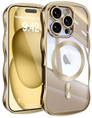 UEEBAI for iPhone 16 Pro Max Case, Cute Wave Translucent Frame Magnetic Phone Case Compatible with Magsafe Full Camera Protection Cover Soft Electroplated Phone Cover for Women Girls - Gold