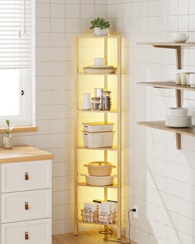 Apetaccat Eckregal mit 6 Ebenen und LED-Beleuchtung, Standregal, dreieckiges Stand-Displayregal, platzsparendes Aufbewahrungsregal für Wohnzimmer, Schlafzimmer, Küche & Bad, Eiche, 37 × 27 × 150 cm