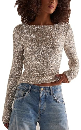 FeMereina Women Long Sleeve Sequin Crop Tops Back Cowl Neck Sparkly Shirts Club Party Night Glitter Top