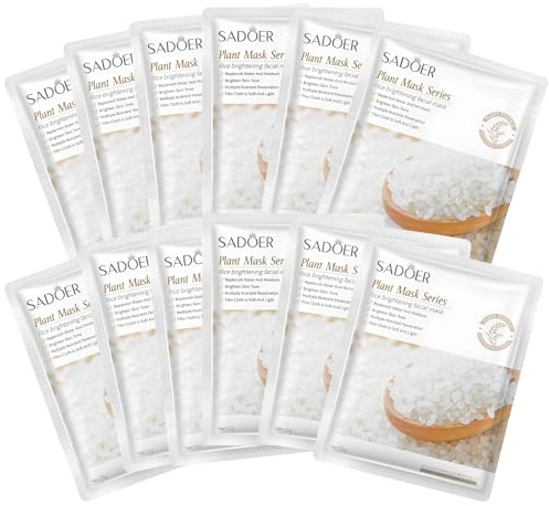 12 Piezas Mascarilla de Arroz, Rice Face Mask, Mascarilla Facial Hidratante | Mascarillas Faciales con Extracto de Arroz, para Hidratación, Antiarrugas, Limpieza
