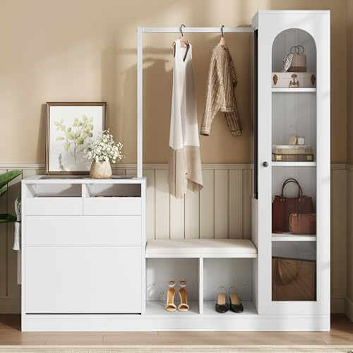 Coolywood 6-in-1 Garderoben-Kombination, Frisiertisch mit Kleiderstange, Schuhbank, Klappschuhschrank und Glasvitrine