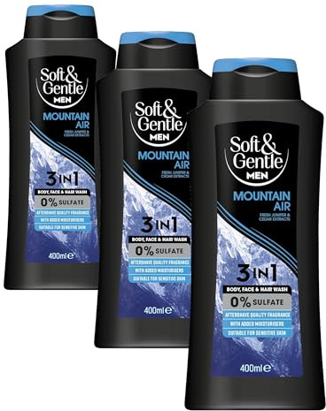 Soft & Gentle Men Mountain Air 3 in 1 Sulfate Free Shower Gel 400ml suitable for sensitive skin, vegan, microboime friendly (Pack of 3)