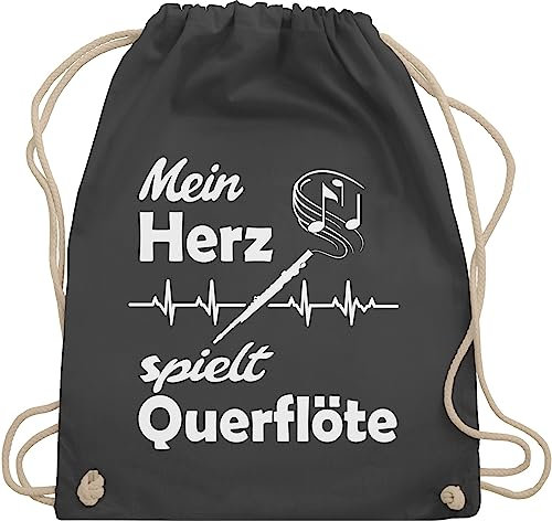 Shirtracer Turnbeutel Rucksack - Musik Instrument Zubehör - Mein Herz spielt Querflöte Herzschlag - Unisize - Dunkelgrau - instrumente für musiker querflöten stoffbeutel musikinstrumente querfloete