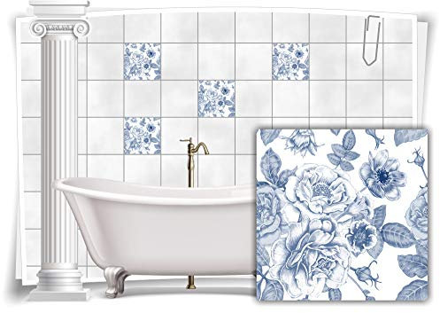 Medianlux Fliesen-Aufkleber Fliesen-Bild Kachel Rosen Antik Alt Blau Weiß Sticker Bad WC Deko Küche Digitaldruck Folie, 8 Stück, 20x20cm m13m91-96826