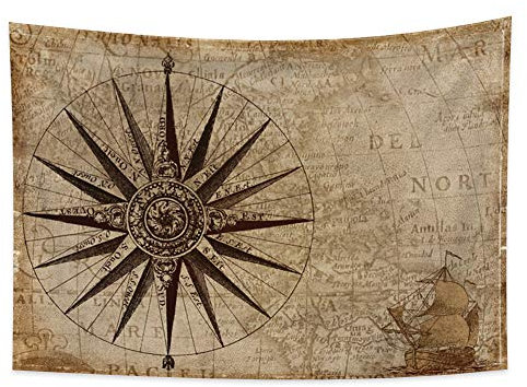 YONGFOTO 180x160cm Vintage Map Tapisserie, Alte Weltkarte Richtungsanzeiger Boot Schrift Wandbehang für Raumdeko Abenteuer Historische Entdeckung Decke für Schlafzimmer Büro Wohnheim