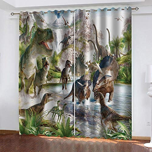 JYNVOAT Gardinen Jura-Dinosaurier 2er Set Kinder Vorhang Blickdicht Schal, 3D Gardine Blickdichte mit Ösen, Printing Shading Vorhänge 280 x 250cm