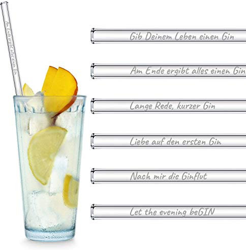 HALM Glasstrohhalme Gin Sprüche Edition 6X 23cm mit gravierten Gin-Sprüchen in Deutsch Strohhalm Trinkhalm Glasstrohalm Gin-Tonic Geschenk