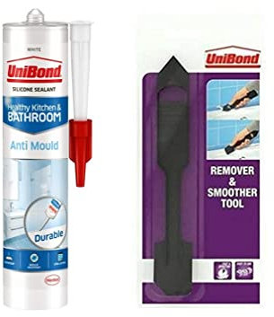 BUNDLE UniBond Anti-Mould White 274g, 2-in-1 Plastic Sealant Tool for Smoothing and Removing Silicone Sealant
