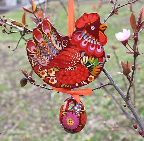 Bunte Holz Osterdekoration zum Aufhängen für Zweige oder Fenster Deko -Huhn mit Osterei 11 x 8,5 x 0,5 cm + das Ei 3-4 сm aus Holz nach Ukrainischer Art