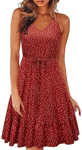 II ININ Sommerkleid Damen Knielang Blumenmuster Kleider Spaghettiträger Strandkleid Sommer Freizeitkleid mit Taschen(Polka Dot E,Mittel)