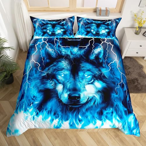 Loussiesd Wolf Bettwäsche 135x200cm Kinder Jugendliche Safari Tiermuster Bettbezug Set Cool Tierwelt Tierwelt Betten Set Glitter Blau Wild Wolf Leicht Bettwäsche Jungs Mädchen Teens Weich Mikrofaser