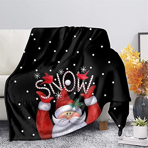 HUGS IDEA Decke mit Cartoon-Weihnachtsmann-Schnee-Vogel, schwarze Weihnachtsdekor-Decken mit Punktemuster, Sofa-Stuhlbezug, beschwerte flauschige Plüschdecke, Größe M
