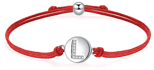 J.Endéar Glück Rotes Kordelarmband mit Buchstabe L für Damen Silber 925, Zirkonia Armband Mädchen, Verstellbares Armband Jungen Schmuck