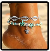 Schildkröte Fußkettchen Carufin Seestern Doppelschicht Türkis Muschel Perlen Fußkettchen Sommer Accessoires Verstellbarer Strand Fußschmuck für Frauen und Mädchen