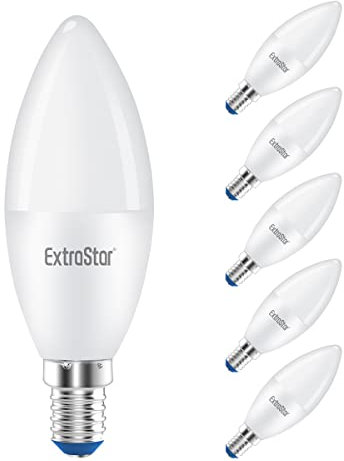 EXTRASTAR E14 LED Lampe Warmweiss 6W LED E14 Kerze Ersetzt 40W Glühbirne, C37 Kerzenform Leuchtmittel 230° Abstrahlwinkel, 480 Lumen 3000K Warmweiß Kerzenbirne, 220-240V AC, 6 Stück