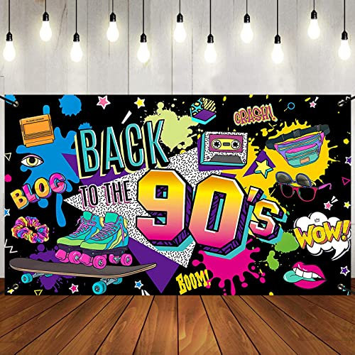 90's Party Decorations, Back To The 90's Backdrop Banner with Hanging Rope, 150x100cm Retro Hip Hop Graffiti Rock Punk Music Dance Wall Photography Background Birthday Party Supplies
