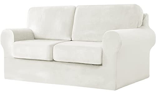 jianyana High Stretch Sofabezug, 1/2/3 sitzerSamt Elastisch Sofa Überwürfe Sofabezug mit Gummizug Einstellband (Weiß,2-Sitzer-5PCS)
