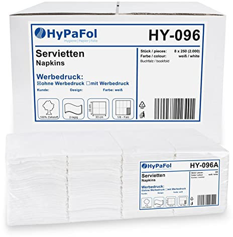 Servietten 33x33 cm, weiß 2-lagig, 1/8-Buchfalz, 8x250 Stück