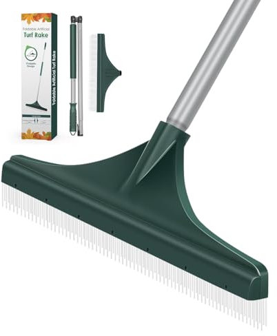 SHANTRA Kunstrasen Rasen Rechen mit Silber Stahl Faltbarer Griff, Rasenbürste für Teppich und Kunstrasen, Kunstrasenreiniger Tierhaarentfernung Kunststoffbürste & Kopf
