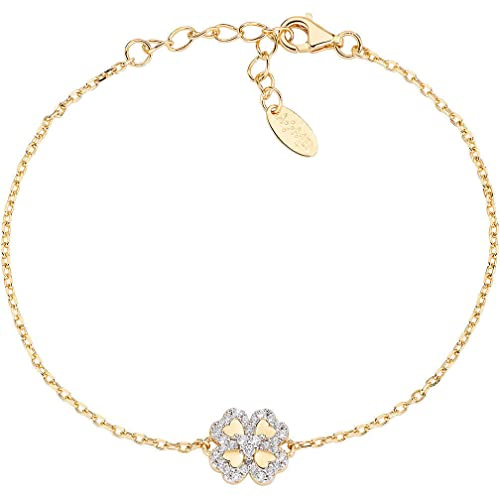 Amen Amore Armband mit Kleeblatt Anhänger verziert mit Zirkoniasteinen, aus 925er Sterlingsilber vergoldet hergestellt, Länge: 16 cm, BRQCLGBZ