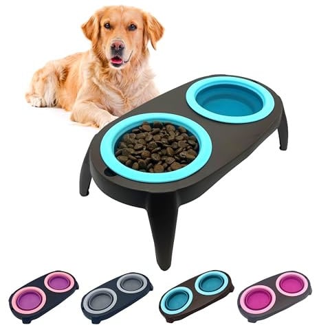 EL ÁTICO PETS Gamelle Chien Surelevee, 2 en 1 Gamelle Anti Eclaboussure Chien et Gamelle Anti Glouton Chat Eau, Support, Bols Amovibles et Pliables (Bleu)
