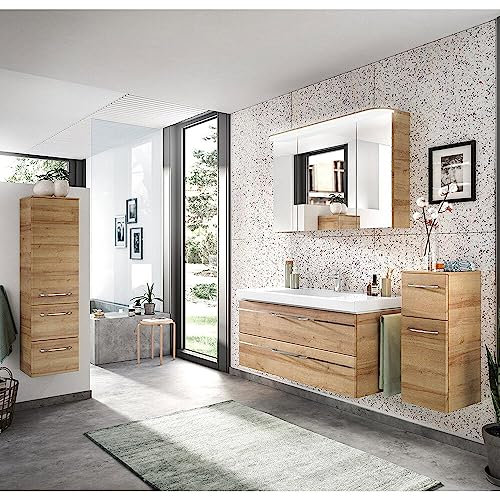 Lomadox Badezimmer Komplett Set in Riviera Eiche quer Nb., Spiegelschrank inkl. Beleuchtung, Waschtisch mit Waschbecken, Midischrank, Unterschrank, B/H/T ca. 215/200/49 cm
