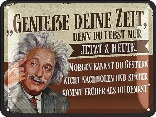 LANOLU Retro Blechschild- Genieße deine Zeit - Poster aus Metall mit Zitat, Geschenke für Freundinnen, Lebensweisheiten in Shabby Deko Style, Sprüche vintage Metallschild 15x20cm