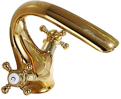 Rubinetteria Lavandino Bagno Retro, Miscelatore Lavabo Rubinetti Lavandino Acqua Calda e Fredda, Miscelatore Ottone per Bagno Vintage, Miscelatore Due Maniglie a Croce, Miscelatore Lavabo Retro, Oro