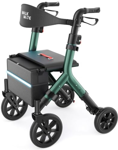 WALK MATE Rollator Faltbar und Leicht mit Sitz für Große Menschen bis 2m | Rollator für große menschen,Höhenverstellbar,25cm Reifen und Versteckten Bremskabeln für Senioren, Aluminium