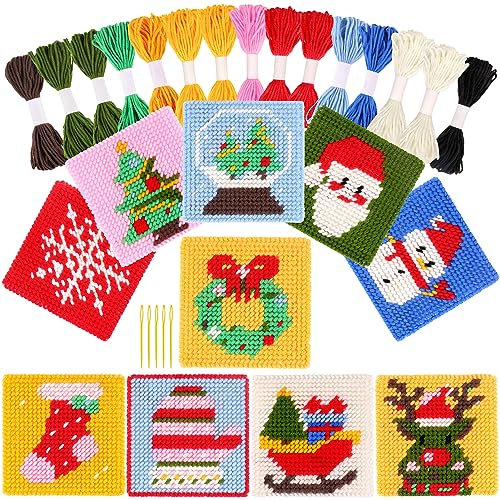 Pllieay Weihnachten 10-in-1 Kreuzstich-Anfängerset für Kinder, enthält Anleitung für 10 verschiedene Muster, 10 bedruckte Kunststoffleinwände für Handarbeiten, Nadelspitzen-Starter-Nähset