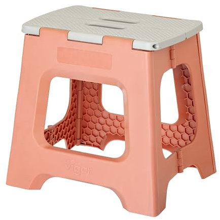 Vigar Compact Tabouret Pliant pour Adultes, 32 cm Marche Pied Pliable, Antidérapant Escabeau pour Salle de Bain, Toilette, Jardinage, Kitchen, House, Bureau, Supporte jusqu'à 150 kg, Orange Clair