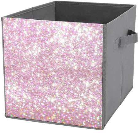 Rosa Perlen-Pailletten-Glitzer-Aufbewahrungswürfel, faltbare Stoff-Aufbewahrungsbehälter mit zwei Griffen, glänzende, glitzernde, faltbare Würfelkörbe für Regale, Schrank-Organizer und Aufbewahrungs