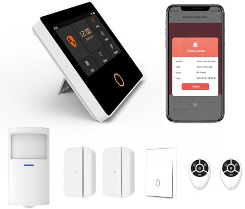 Mengshen WiFi 4G GSM-Alarmsystem, Tuya Smart 7-teiliges Kit mit 4,3-Zoll-Sicherheitspanel, Türfenster-Bewegungssensor, Fernbedienung, eingebaute Sirene mit mobilem App-Alarm