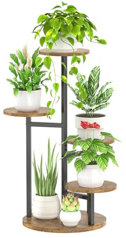 KAZITOO 5 Etagen Metall-Pflanzenständer für drinnen und draußen, Eck-Pflanzenhalter, Blumenregal für mehrere Pflanzen, modernes Pflanzenregal mit Holzplatte für Garten, rund