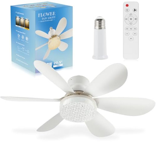 OKYUK Ventilator Deckenleuchte, Deckenventilator mit Beleuchtung, zeitliche Koordinierung, dimmbare Farbtemperatur, E26/E27-Sockel, 48 cm kleiner Fernbedienung Leise Ventilator Deckenlampe (Kristall)