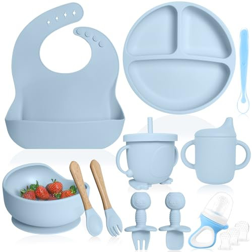Bluet B Baby - Vajilla Bebe Silicona - Plato Bebe Ventosa - Vajilla Infantil Antideslizante sin BPA - Set Silicona Platos Bebe - Cubiertos Bebe BLW - Chupete Alimenticio - 11 piezas (Azul Claro)