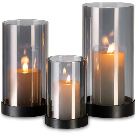 Romadedi Windlicht Glas Kerzenständer Kerzenhalter:3er Set Schwarz Windlichter Für Tischdeko Esstisch Stumpenkerzen Kerzenglas Gross Glaszylinder Für Kerzen Outdoor Hochzeit Wohnzimmer Deko