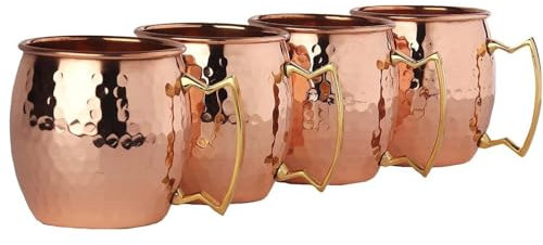 GRAINEX ENGINEER Pure Copper Hammered Moscow Mule Mug Cup with Golden Handle for Parties, Barware, 16 Oz Each, Set of 4