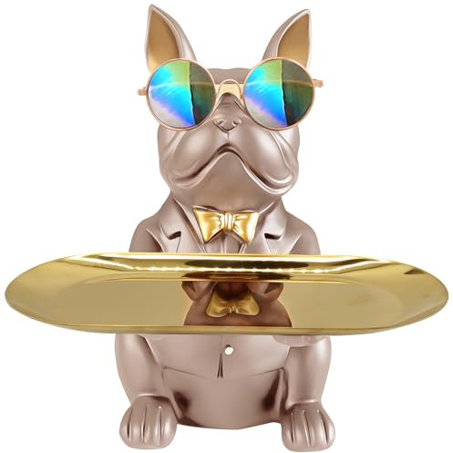 Huhote Bulldogge Skulptur Deko, Französische Bulldogge Tablett Deko Statue, Bulldogge Schlüssel Schale für Wohnzimmer, Tischdekoration, Schreibtischdekoration, Wohnkultur, Geschenke (Lila Grau)
