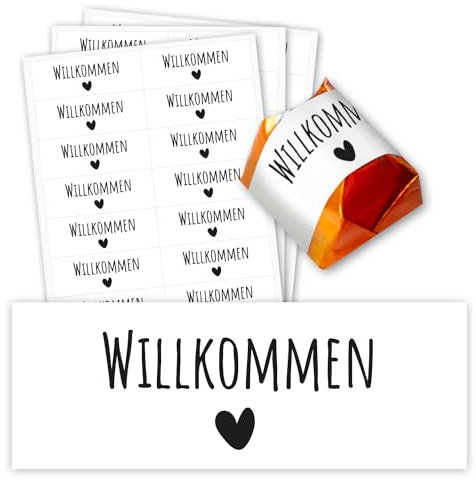60er Aufkleber-Set Willkommen - Gastgeschenk passend für Küsschen Pralinen I Herz I Rechteckig I dv1427