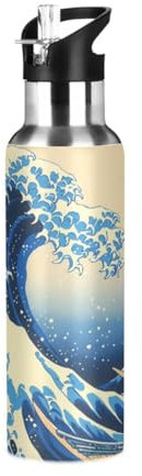 Niigeu Anime Vague De Mer Kanagawa Bouteille d'eau Isotherme avec Paille en Acier Inoxydable Gourde, Sans BPA Gourdes Eau pour Enfant Sport Randonnée École Bureau (600ml/1L)