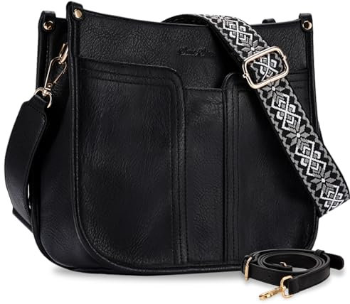 Chase Chic Umhängetasche Damen,Mittelgroß Handtasche,PU Leder Crossbody Bag Schultertasche mit 2 verstellbarem Riemen(Schwarz)