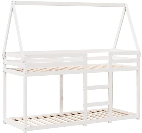 vidaXL Etagenbett, Hochbett mit Dach Leitplanken, Stockbett für Schlafzimmer, Bett Holzbett Einzelbett, Weiß 80x200cm Massivholz Kiefer