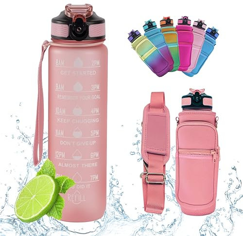 Botella de Agua Gimnasio, Botella de Agua 1L Con Pajita, Botella de Agua Deportiva Con Funda, Sin BPA, Botella de Agua Para Deporte, Botella de Agua Motivacional, Botella Agua Medidas Motivadoras.