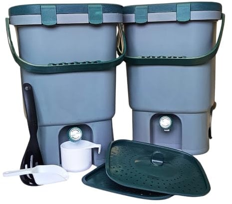 Bokashi Doppel-Kompostbehälter-Set, 2 x 15 l Kompostierbehälter für den Innenbereich, komplett mit integrierten Easy Twist Armaturen, geruchlosen, luftdichten Deckeln und Zubehör