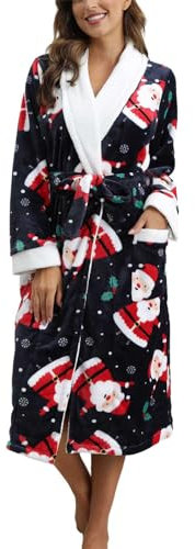 MKIUHNJ Damen Morgenmantel Lang Weich Eleganter, Lässiger Damen-Cardigan mit Aufdruck, Nachthemd, Heimkleidung Morgenmantel Kuschelige Bademäntel für Damen Weihnachts Nachtwäsche Flanell Bademantel