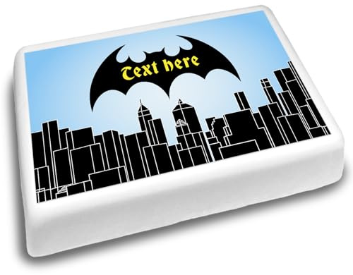 Cakeshop Landschaft Personalisierter Essbarer Kuchenaufleger Mit Fledermaus Superhelden Stadt| Personalisieren Name & Alter| Für Geburtstage & Feiern| Mehrere Formen & Größen| Zucker & Oblatenpapier