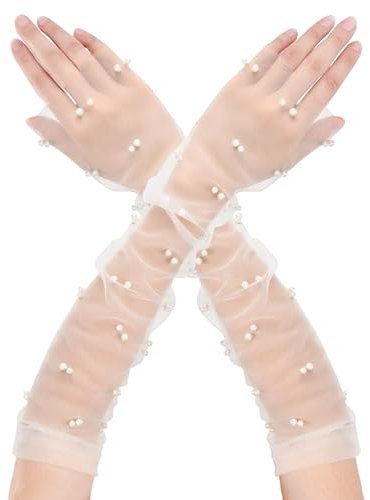 XDGBGFN Damen Lang Handschuhe Weiß Brauthandschuhe Hochzeit PerlenTüllhandschuhe für Halloween Cosplay Karneval Party